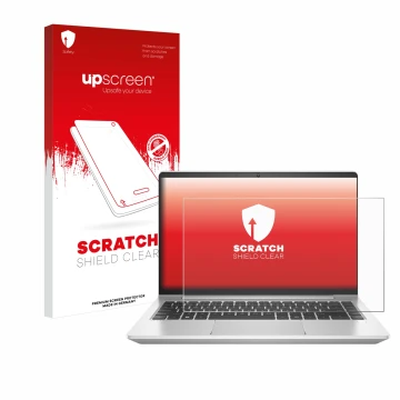 Vorderseite einer Produktverpackung mit dem Markenlogo upscreen. Daneben ist das Gerät HP ProBook 445 G9 mit dem zugehörigen D