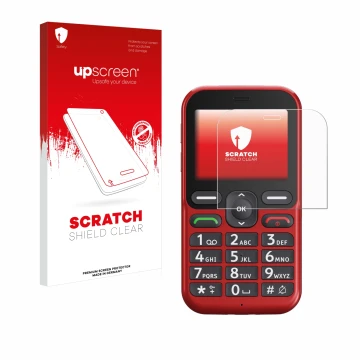 Vorderseite einer Produktverpackung mit dem Markenlogo upscreen. Daneben ist das Gerät Doro Leva L10 mit dem zugehörigen Displ