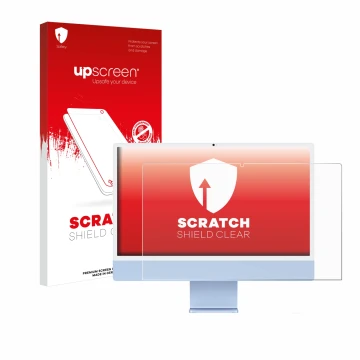 Vorderseite einer Produktverpackung mit dem Markenlogo upscreen. Daneben ist das Gerät Apple iMac 24