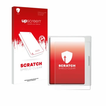 Vorderseite einer Produktverpackung mit dem Markenlogo upscreen. Daneben ist das Gerät Boox Go Color 7 White Edition mit dem z