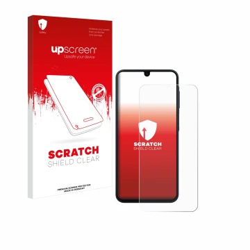Vorderseite einer Produktverpackung mit dem Markenlogo upscreen. Daneben ist das Gerät Samsung Galaxy A16 4G mit dem zugehörig