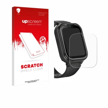 Vorderseite einer Produktverpackung mit dem Markenlogo upscreen. Daneben ist das Gerät RAYOFI Kids Smartwatch mit dem zugehöri