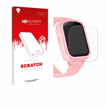 Vorderseite einer Produktverpackung mit dem Markenlogo upscreen. Daneben ist das Gerät Yuede Kids Smartwatch 1.83