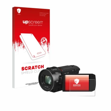 Vorderseite einer Produktverpackung mit dem Markenlogo upscreen. Daneben ist das Gerät Panasonic HC-VX3 mit dem zugehörigen Di