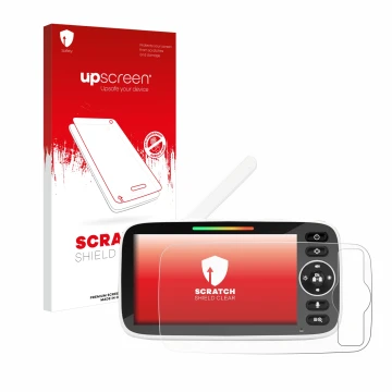 Vorderseite einer Produktverpackung mit dem Markenlogo upscreen. Daneben ist das Gerät Yuede Babyphone Monitor 5