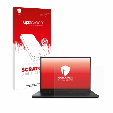 Vorderseite einer Produktverpackung mit dem Markenlogo upscreen. Daneben ist das Gerät Razer Blade 16 2024 mit dem zugehörigen