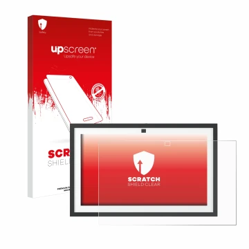 Vorderseite einer Produktverpackung mit dem Markenlogo upscreen. Daneben ist das Gerät Amazon Echo Show 15 2024 mit dem zugehö