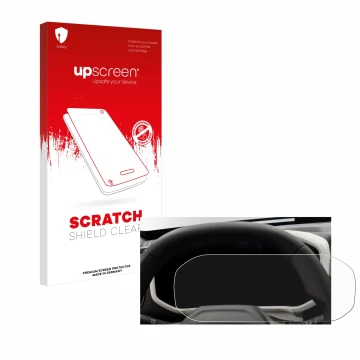 Vorderseite einer Produktverpackung mit dem Markenlogo upscreen. Daneben ist das Gerät Dacia Duster Tacho (2024) mit dem zugeh