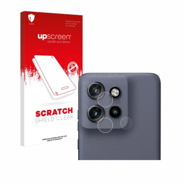Vorderseite einer Produktverpackung mit dem Markenlogo upscreen. Daneben ist das Gerät Motorola Edge 50 Neo (NUR Kameraschutz)