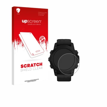 Vorderseite einer Produktverpackung mit dem Markenlogo upscreen. Daneben ist das Gerät Garmin Descent G1 Solar mit dem zugehör