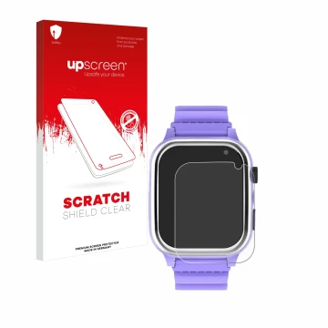 Vorderseite einer Produktverpackung mit dem Markenlogo upscreen. Daneben ist das Gerät Jubunrer Kids Smartwatch mit dem zugehö