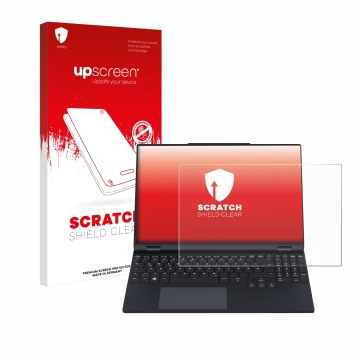 Vorderseite einer Produktverpackung mit dem Markenlogo upscreen. Daneben ist das Gerät Tuxedo InfinityBook Pro 15 Gen 9 mit de