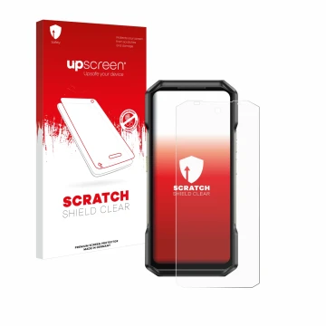 Vorderseite einer Produktverpackung mit dem Markenlogo upscreen. Daneben ist das Gerät Ulefone Armor 27 mit dem zugehörigen Di