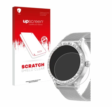 Vorderseite einer Produktverpackung mit dem Markenlogo upscreen. Daneben ist das Gerät Powerwill Smartwatch 1.27