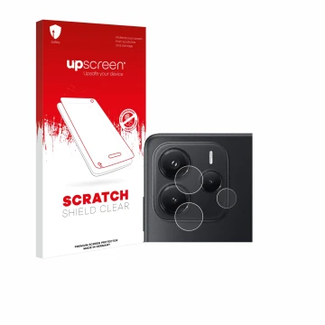 Vorderseite einer Produktverpackung mit dem Markenlogo upscreen. Daneben ist das Gerät Xiaomi Redmi Note 14 (NUR Kameraschutz)