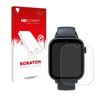 Vorderseite einer Produktverpackung mit dem Markenlogo upscreen. Daneben ist das Gerät Forever Kids Smartwatch mit dem zugehör