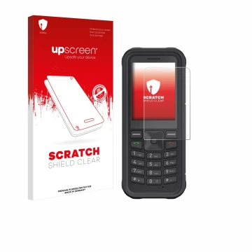 Vorderseite einer Produktverpackung mit dem Markenlogo upscreen. Daneben ist das Gerät Sonim XP100 mit dem zugehörigen Display