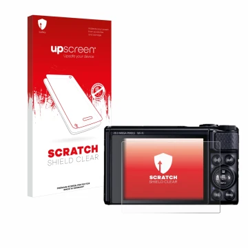 Vorderseite einer Produktverpackung mit dem Markenlogo upscreen. Daneben ist das Gerät Canon PowerShot SX740 HS Lite mit dem z