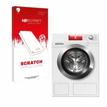 Vorderseite einer Produktverpackung mit dem Markenlogo upscreen. Daneben ist das Gerät Miele WEH875 mit dem zugehörigen Displa