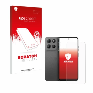 Vorderseite einer Produktverpackung mit dem Markenlogo upscreen. Daneben ist das Gerät Motorola Moto G15 (Display+Kamera) mit 