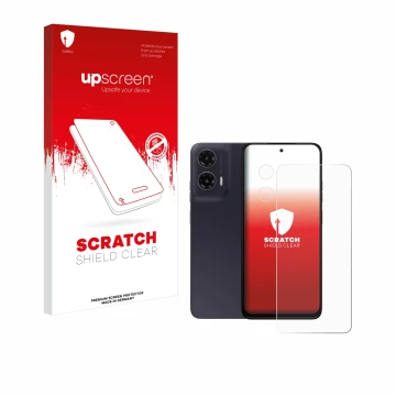 Vorderseite einer Produktverpackung mit dem Markenlogo upscreen. Daneben ist das Gerät Motorola Moto G35 (Display+Kamera) mit 
