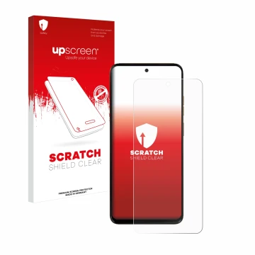 Vorderseite einer Produktverpackung mit dem Markenlogo upscreen. Daneben ist das Gerät Motorola Moto G15 Power mit dem zugehör