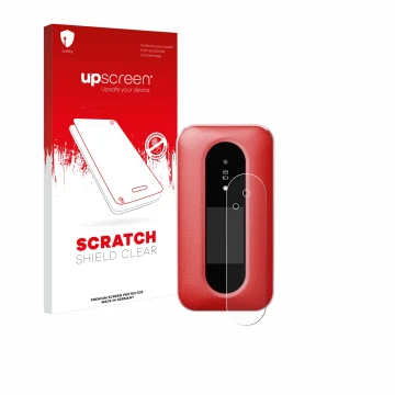 Vorderseite einer Produktverpackung mit dem Markenlogo upscreen. Daneben ist das Gerät Doro Leva L30 (Äußeres Display) mit dem