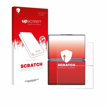 Vorderseite einer Produktverpackung mit dem Markenlogo upscreen. Daneben ist das Gerät Lenovo Yoga Book 9i Gen 10 mit dem zuge