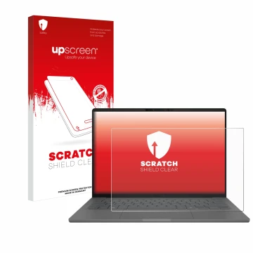 Vorderseite einer Produktverpackung mit dem Markenlogo upscreen. Daneben ist das Gerät ASUS ZenBook A14 UX3407 mit dem zugehör