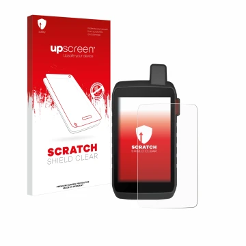 Vorderseite einer Produktverpackung mit dem Markenlogo upscreen. Daneben ist das Gerät Garmin Montana 760i mit dem zugehörigen