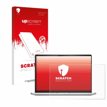 Vorderseite einer Produktverpackung mit dem Markenlogo upscreen. Daneben ist das Gerät Dell Pro 16 Plus PB16250 mit dem zugehö