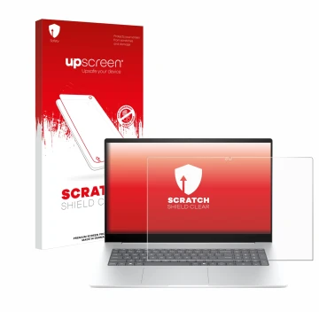 Vorderseite einer Produktverpackung mit dem Markenlogo upscreen. Daneben ist das Gerät HP Envy 17-da0777ng mit dem zugehörigen