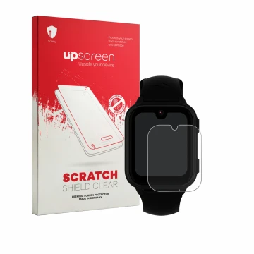Vorderseite einer Produktverpackung mit dem Markenlogo upscreen. Daneben ist das Gerät Garett Kids Vibe 4G mit dem zugehörigen