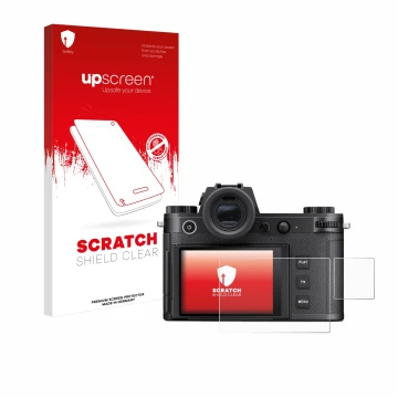 Vorderseite einer Produktverpackung mit dem Markenlogo upscreen. Daneben ist das Gerät Leica SL3-S (Display + Schulterdisplay)