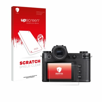 Vorderseite einer Produktverpackung mit dem Markenlogo upscreen. Daneben ist das Gerät Leica SL3-S mit dem zugehörigen Display