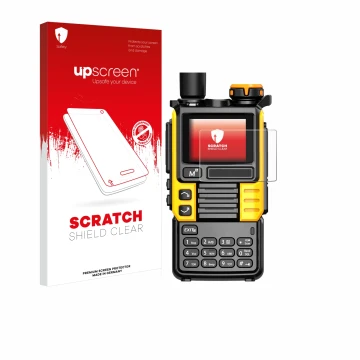 Vorderseite einer Produktverpackung mit dem Markenlogo upscreen. Daneben ist das Gerät Quansheng UV-K5 (99) mit dem zugehörige