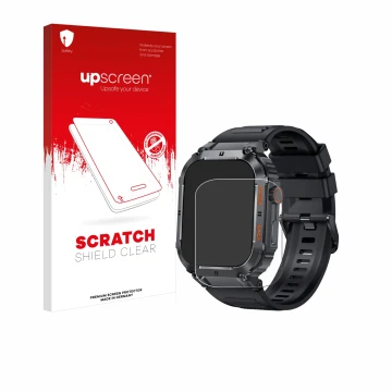 Vorderseite einer Produktverpackung mit dem Markenlogo upscreen. Daneben ist das Gerät bedee Smartwatch 1.96