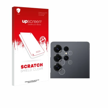 Vorderseite einer Produktverpackung mit dem Markenlogo upscreen. Daneben ist das Gerät Samsung Galaxy S25 Ultra (NUR Kamerasch