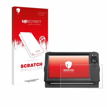 Vorderseite einer Produktverpackung mit dem Markenlogo upscreen. Daneben ist das Gerät Lowrance Eagle 9 mit dem zugehörigen Di
