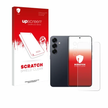 Vorderseite einer Produktverpackung mit dem Markenlogo upscreen. Daneben ist das Gerät Samsung Galaxy S25 Plus (Display+Kamera