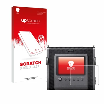 Vorderseite einer Produktverpackung mit dem Markenlogo upscreen. Daneben ist das Gerät Fujifilm Instax Wide Evo mit dem zugehö