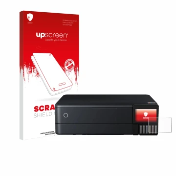 Vorderseite einer Produktverpackung mit dem Markenlogo upscreen. Daneben ist das Gerät Epson EcoTank ET-8550 mit dem zugehörig
