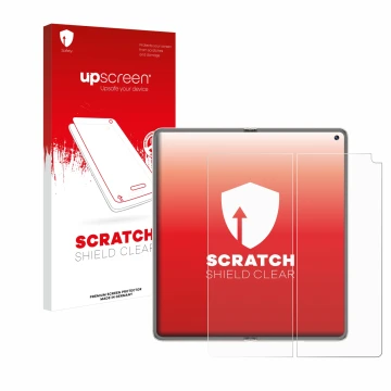 Vorderseite einer Produktverpackung mit dem Markenlogo upscreen. Daneben ist das Gerät Huawei Mate X6 (Inneres Display) mit de