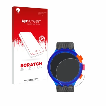 Vorderseite einer Produktverpackung mit dem Markenlogo upscreen. Daneben ist das Gerät Swatch Neon Party mit dem zugehörigen D