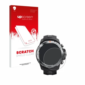 Vorderseite einer Produktverpackung mit dem Markenlogo upscreen. Daneben ist das Gerät Xiaomi Mibro GS Explorer mit dem zugehö