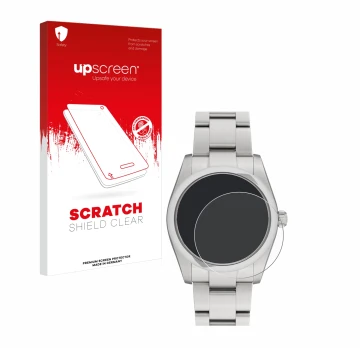 Vorderseite einer Produktverpackung mit dem Markenlogo upscreen. Daneben ist das Gerät Rolex Oyster Perpetual 34 mit dem zugeh