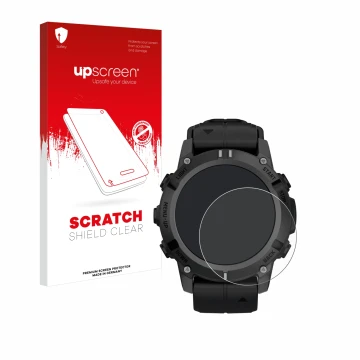 Vorderseite einer Produktverpackung mit dem Markenlogo upscreen. Daneben ist das Gerät Garmin Descent G2 mit dem zugehörigen D