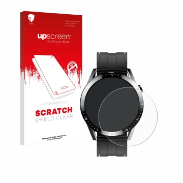 Vorderseite einer Produktverpackung mit dem Markenlogo upscreen. Daneben ist das Gerät Tracer Smartwatch SM9 mit dem zugehörig
