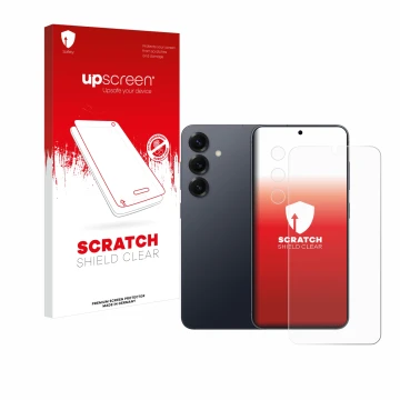 Vorderseite einer Produktverpackung mit dem Markenlogo upscreen. Daneben ist das Gerät Samsung Galaxy S25 Plus Enterprise Edit