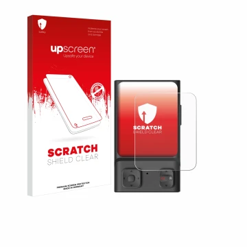 Vorderseite einer Produktverpackung mit dem Markenlogo upscreen. Daneben ist das Gerät Hoverair Beacon mit dem zugehörigen Dis